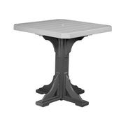 Square table with a gray top and black base on a white background
