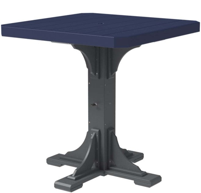 Blue square table with a gray base on a white background