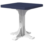 Square table with blue top and white base on a white background