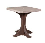 Square table with a beige top and brown base on a white background
