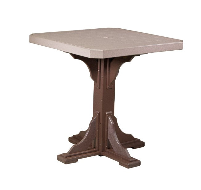 Square table with a beige top and brown base on a white background