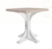 Square table with a light brown top and white base on a white background