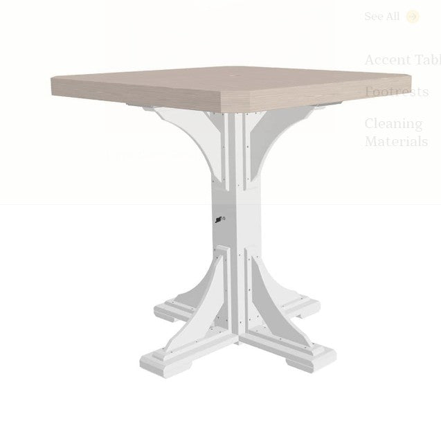 Square table with a light brown top and white base on a white background