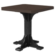Square table with dark brown top and black base on a white background