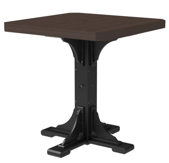 Square table with dark brown top and black base on a white background