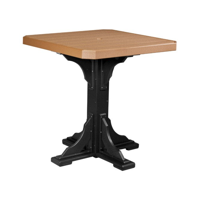 Square table with wooden top and black metal base on a white background
