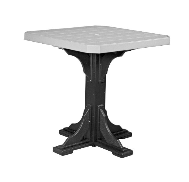 Square table with a gray top and black base on a white background