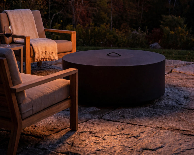 HPC 48 inch black aluminum fire pit cover on a fire pit placed on a stone patio with teak seating.  