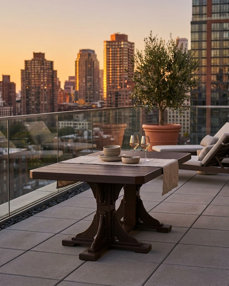 Outdoor rooftop terrace with table, chairs, and city skyline at sunset.