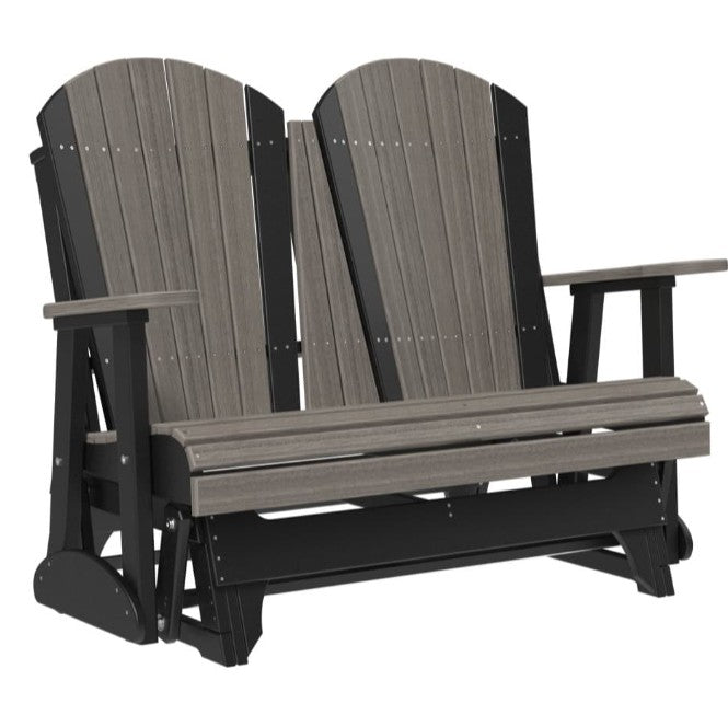 Adirondack-style glider chair with gray and black finish on a white background