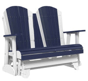 Navy and white Adirondack-style glider on a white background