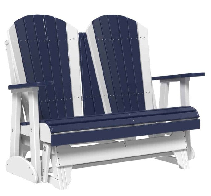 Navy and white Adirondack-style glider on a white background