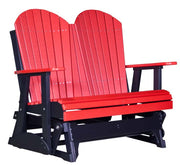 Red and black Adirondack glider bench on a white background