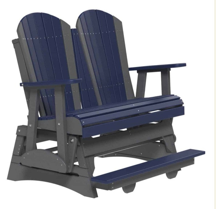 Blue and gray Adirondack-style glider  on a white background