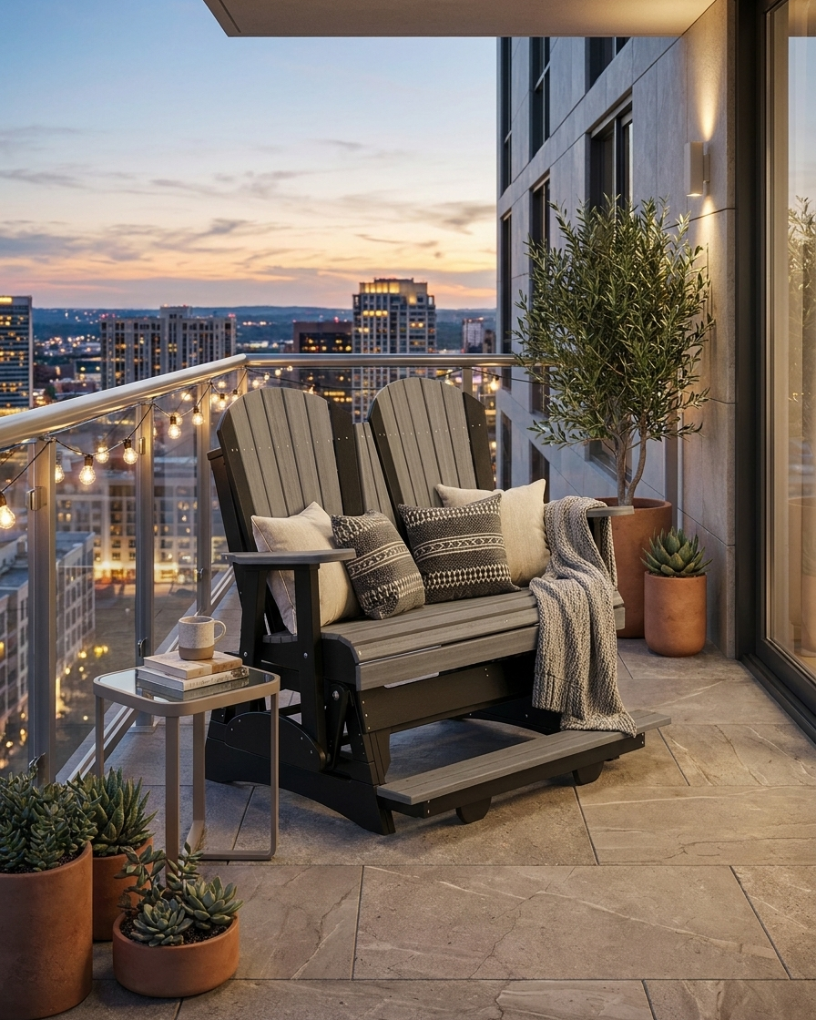 Outdoor patio with a swing, cushions, and potted plants overlooking a cityscape at dusk.