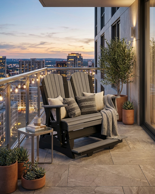 Outdoor patio with a swing, cushions, and potted plants overlooking a cityscape at dusk.