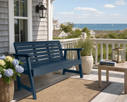 Sequoia 4' garden bench on a porch with ocean views.  