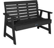 Black bench with slatted backrest on a white background