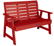 Red bench with a visible brand logo on a white background