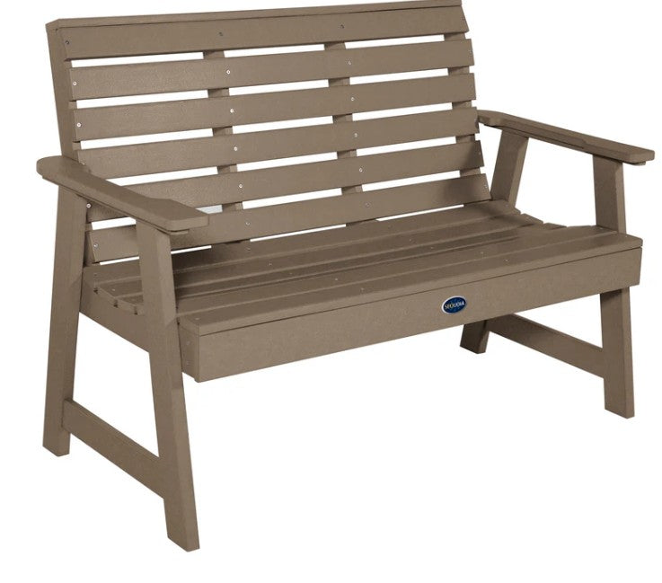 Brown wooden bench with a visible brand logo on a white background