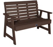 Brown bench with slatted design on a white background
