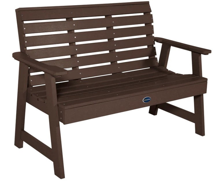 Brown bench with slatted design on a white background