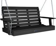A black slatted porch swing bench suspended by silver metal chains, shown against a plain white background.