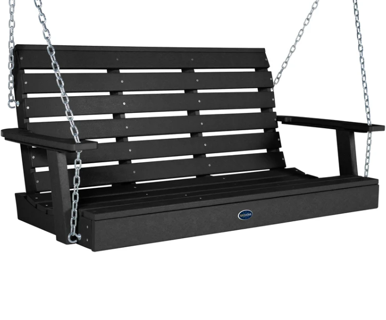 A black slatted porch swing bench suspended by silver metal chains, shown against a plain white background.