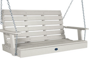 A light gray slatted porch swing bench with metal hanging chains, shown against a plain white background.