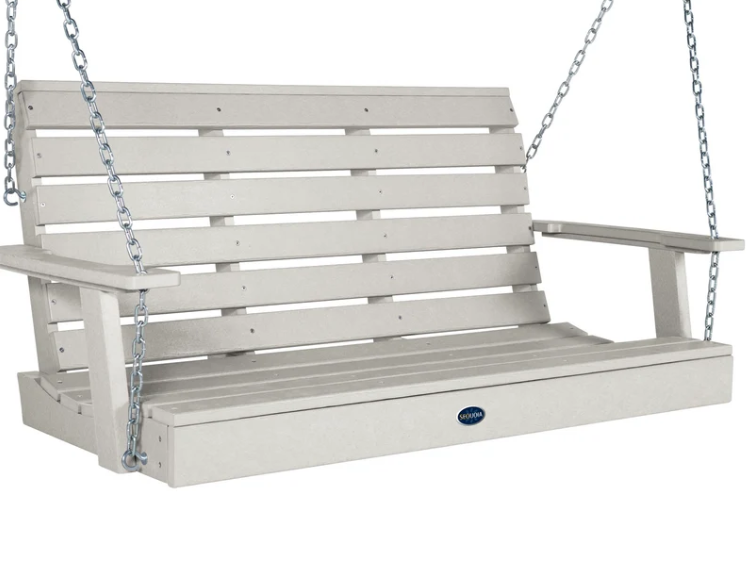 A light gray slatted porch swing bench with metal hanging chains, shown against a plain white background.