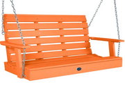 An orange slatted porch swing bench with silver hanging chains, shown against a plain white background.
