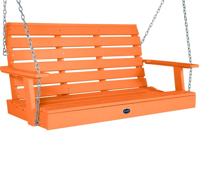 An orange slatted porch swing bench with silver hanging chains, shown against a plain white background.