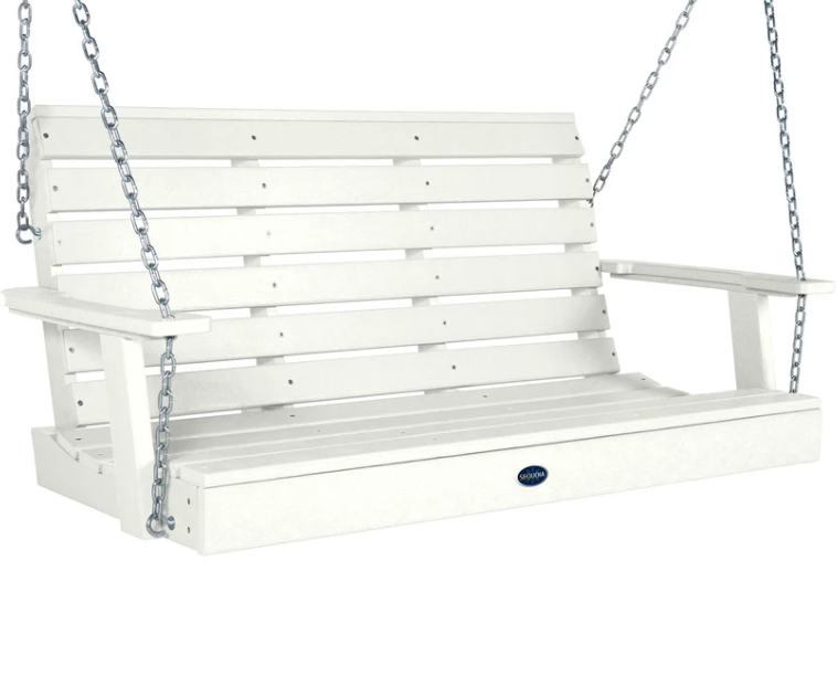 A white outdoor porch swing bench with a slatted back and seat, suspended by silver metal chains, shown against a plain white background.