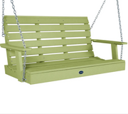 A light sage green outdoor porch swing bench with a slatted back and seat, suspended by silver metal chains, shown against a plain white background.
