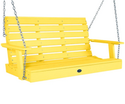 A bright yellow slatted porch swing bench with silver metal chains, shown against a plain white background.