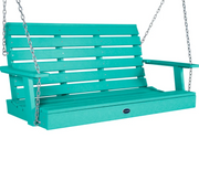 A teal-colored outdoor porch swing bench with a slatted back and seat, suspended by silver metal chains, shown against a plain white background.