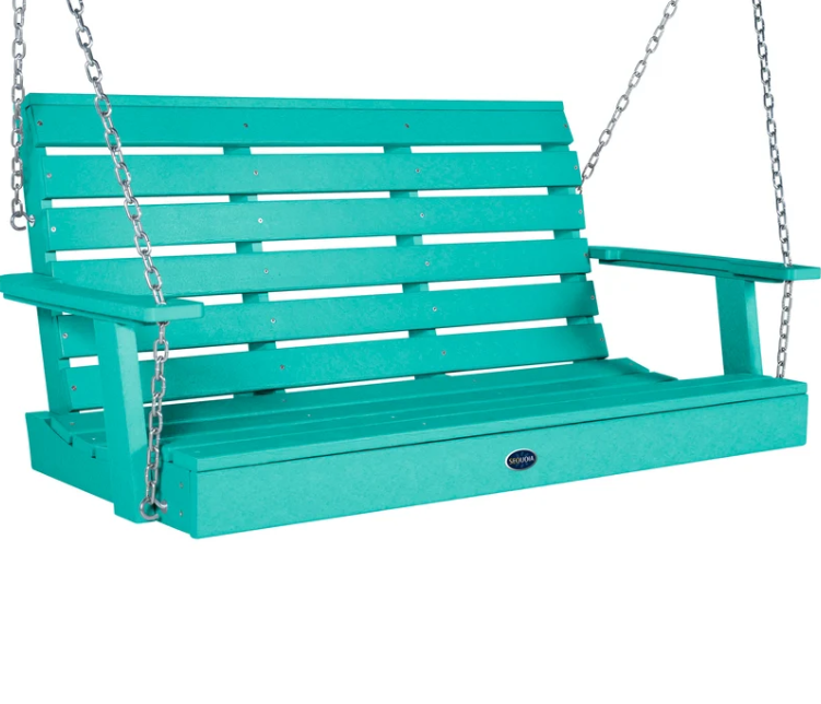 A teal-colored outdoor porch swing bench with a slatted back and seat, suspended by silver metal chains, shown against a plain white background.
