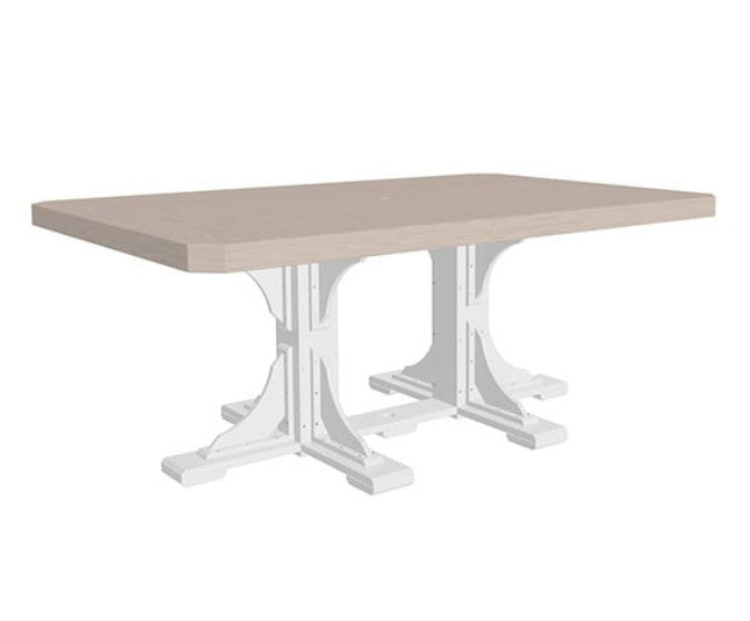 Rectangular table with beige top and white base on a white background