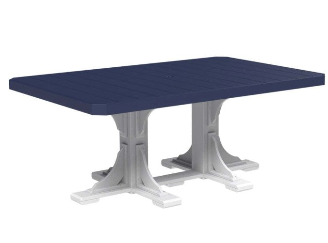 Rectangular table with blue top and white base on a white background