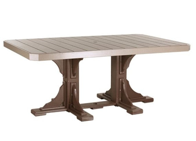 Rectangular outdoor table with a brown base and beige top on a white background