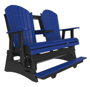 Blue and black Adirondack-style bench on a white background