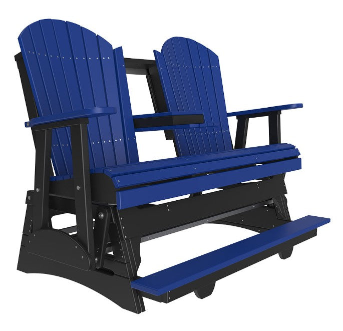 Blue and black Adirondack-style bench on a white background