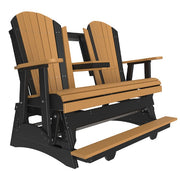 Glider bench with black frame and brown slats on a white background