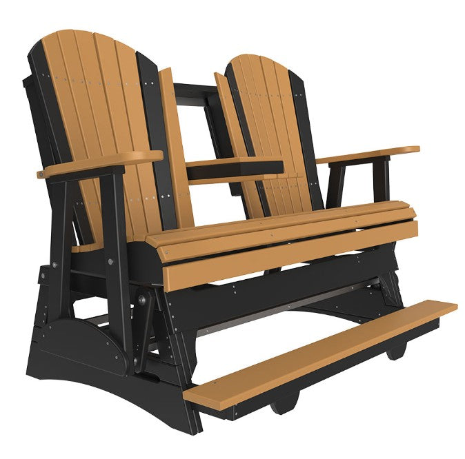 Glider bench with black frame and brown slats on a white background