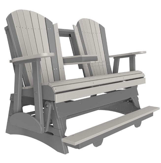 Gray Adirondack glider with a footrest on a white background