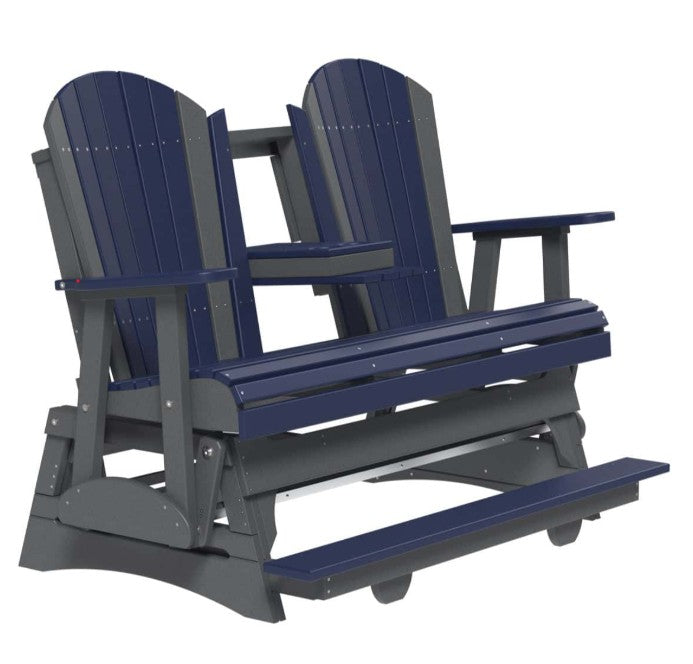 Blue and gray Adirondack-style double chair on a white background