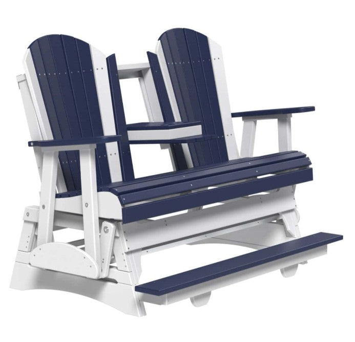 White and blue Adirondack-style glider on a white background