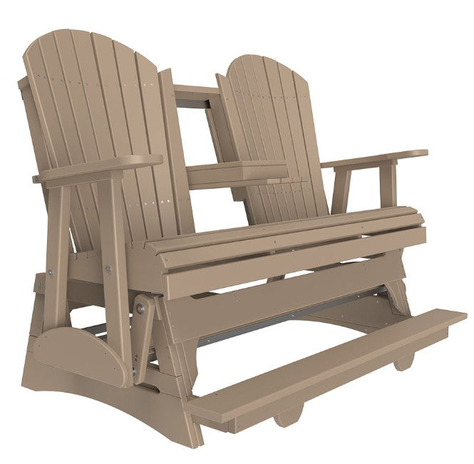Beige wooden double chair with a footrest on a white background