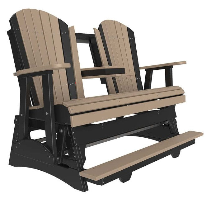 Adirondack glider with beige seats and black frames on a white background