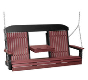 A two-person porch swing bench with a reddish-brown slatted seat, backrests, and armrests, supported by a black frame and hanging from silver chains against a white background.